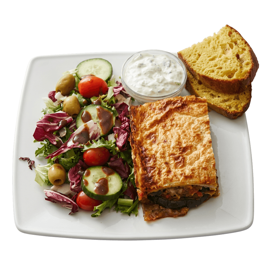 Moussaka (6 stykker) ikl. en bakke med blandede salater, 500 g hjemmelavet tzatziki og 6 individuelle brød