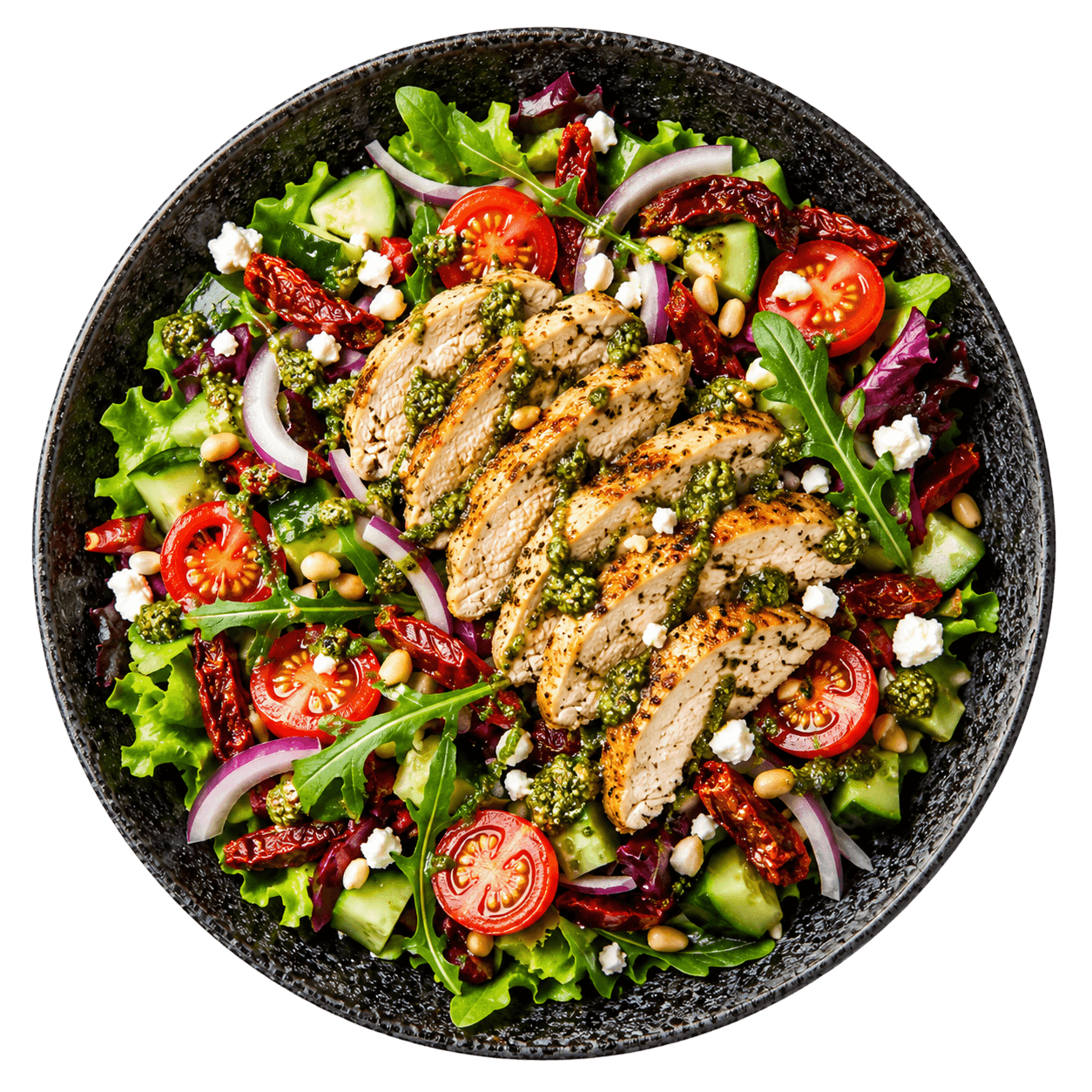 Salat m. marineret kylling & pesto